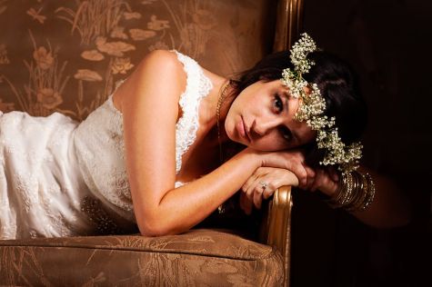 dramatic bridal photoshoot with babies breath head crown